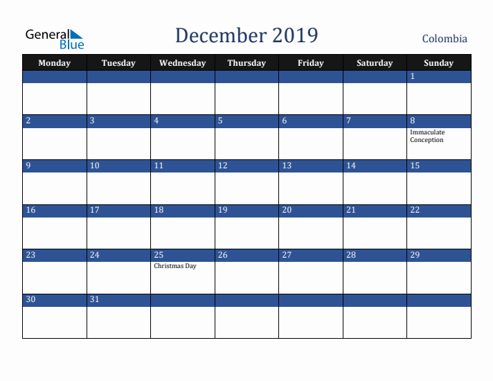 December 2019 Colombia Calendar (Monday Start)