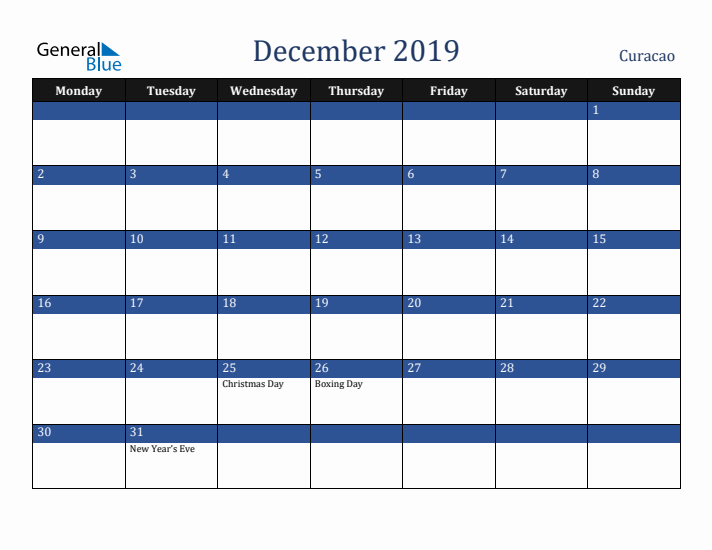December 2019 Curacao Calendar (Monday Start)