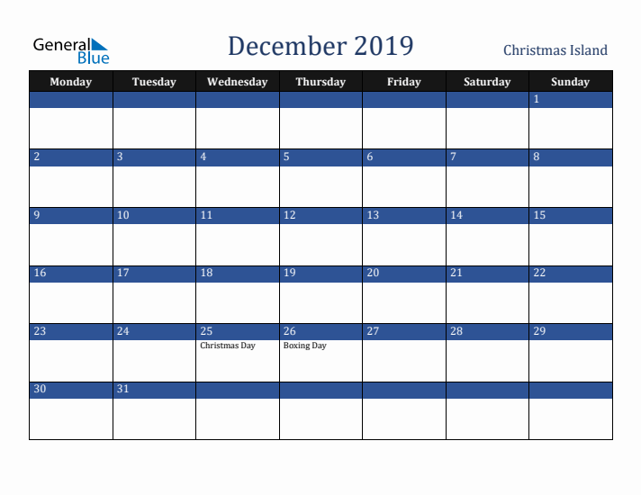 December 2019 Christmas Island Calendar (Monday Start)