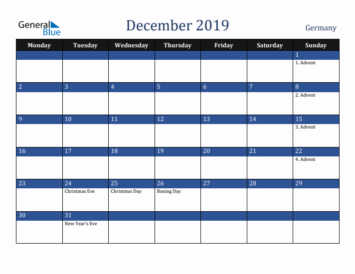 December 2019 Germany Calendar (Monday Start)