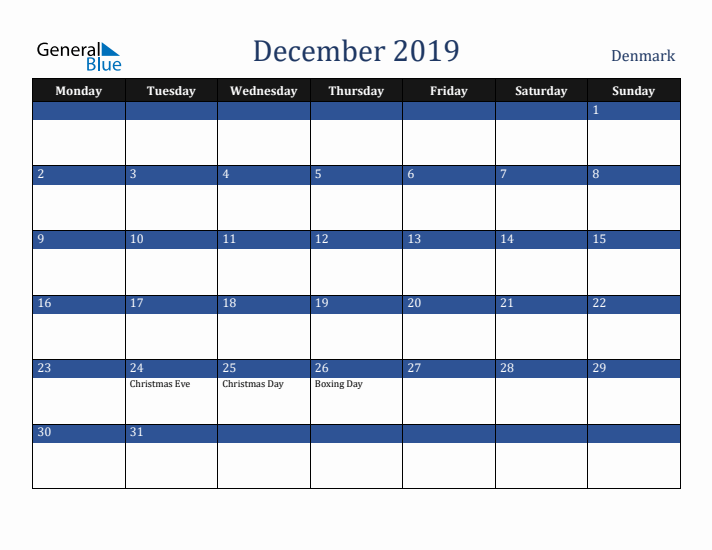 December 2019 Denmark Calendar (Monday Start)