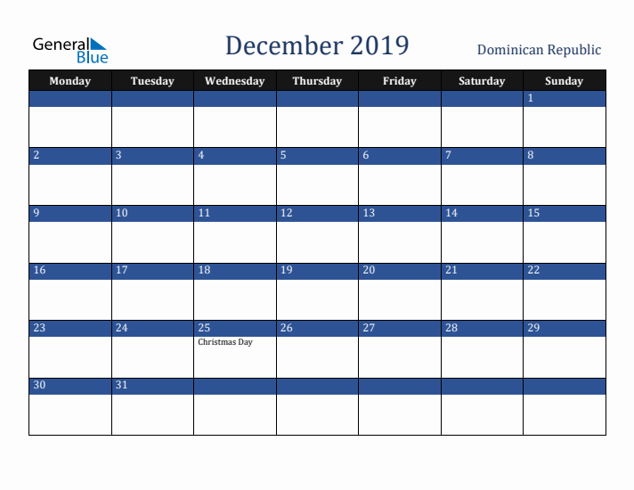December 2019 Dominican Republic Calendar (Monday Start)