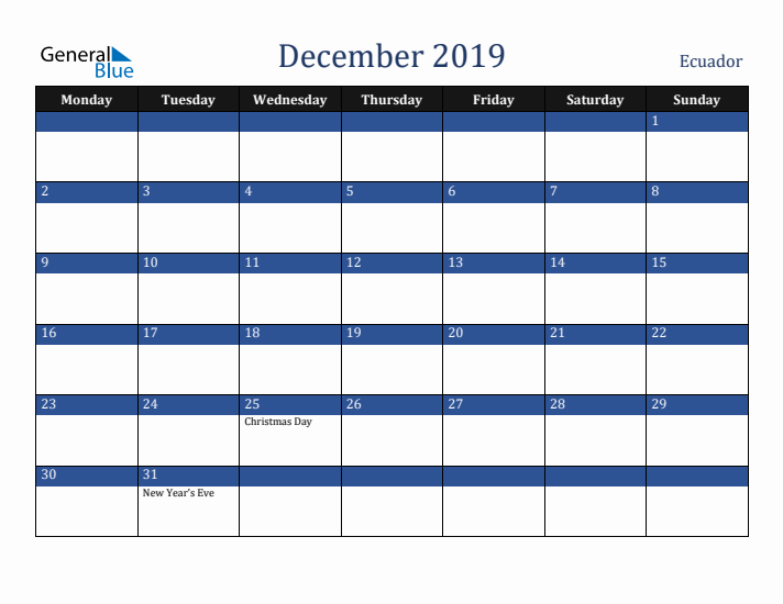 December 2019 Ecuador Calendar (Monday Start)
