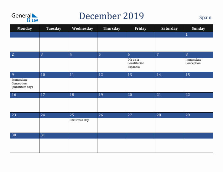 December 2019 Spain Calendar (Monday Start)