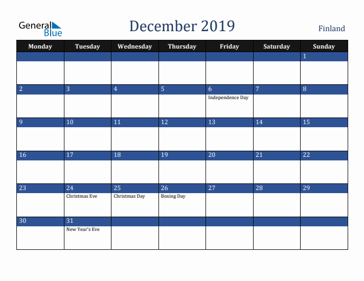 December 2019 Finland Calendar (Monday Start)