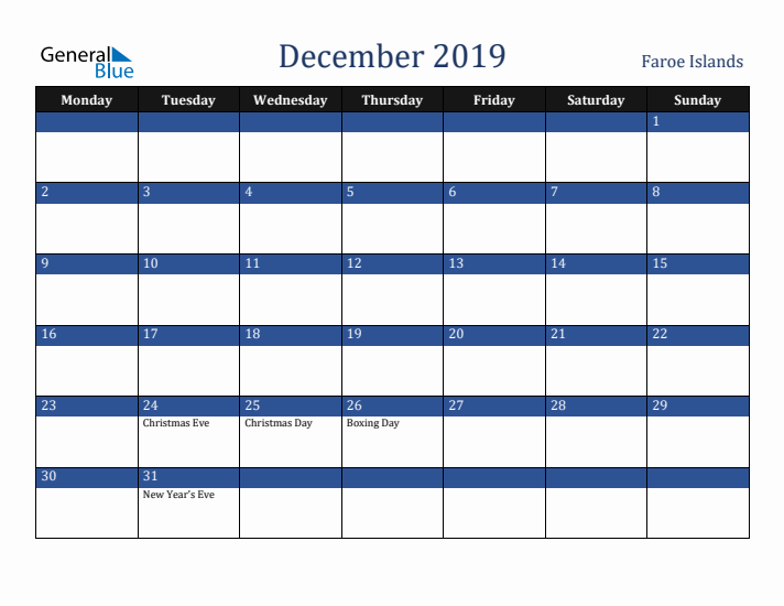 December 2019 Faroe Islands Calendar (Monday Start)