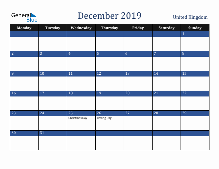 December 2019 United Kingdom Calendar (Monday Start)