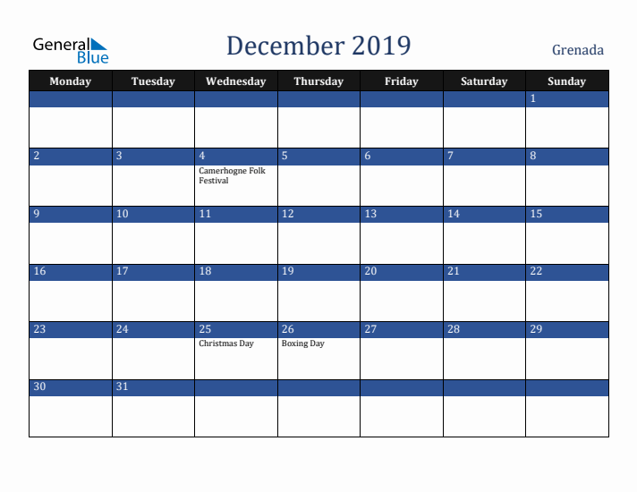 December 2019 Grenada Calendar (Monday Start)