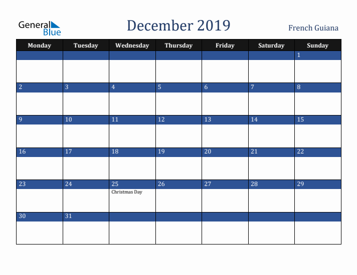 December 2019 French Guiana Calendar (Monday Start)