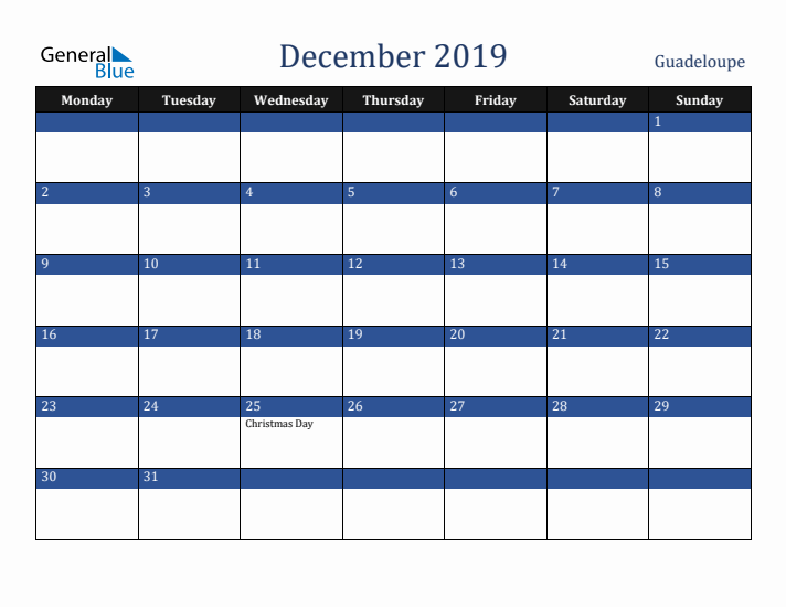December 2019 Guadeloupe Calendar (Monday Start)