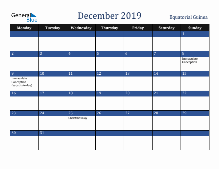 December 2019 Equatorial Guinea Calendar (Monday Start)