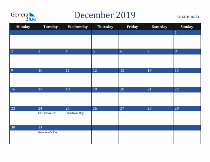 December 2019 Guatemala Calendar (Monday Start)
