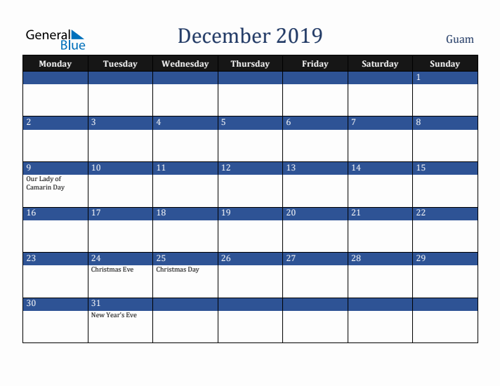December 2019 Guam Calendar (Monday Start)