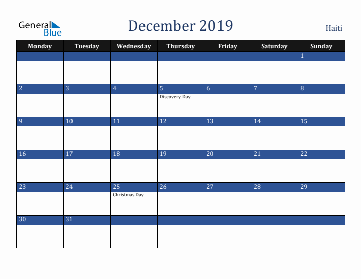 December 2019 Haiti Calendar (Monday Start)
