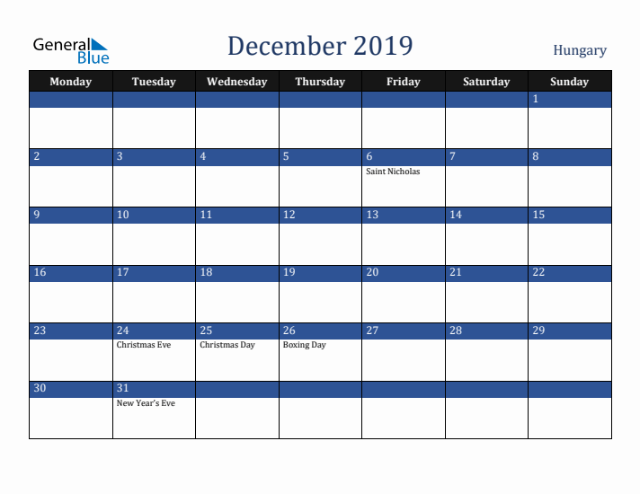 December 2019 Hungary Calendar (Monday Start)