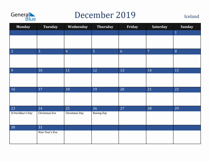 December 2019 Iceland Calendar (Monday Start)