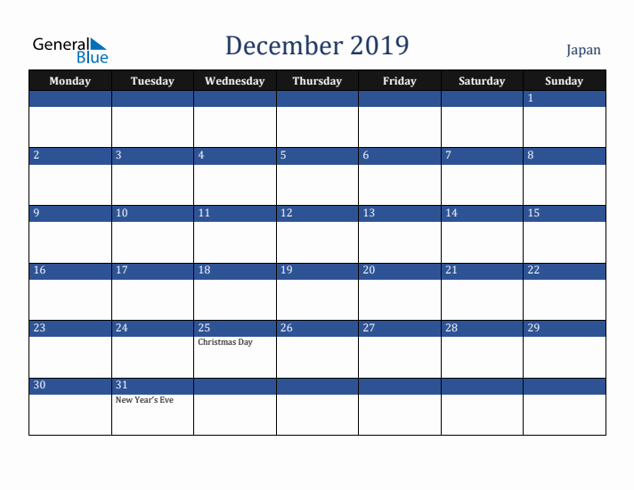 December 2019 Japan Calendar (Monday Start)