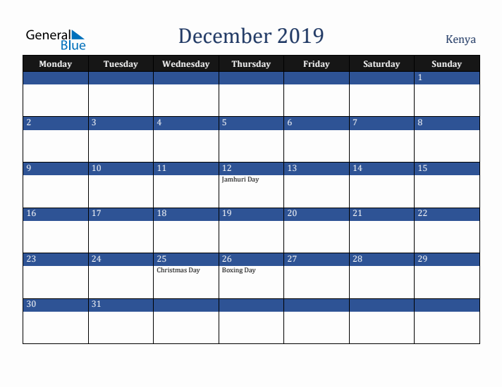 December 2019 Kenya Calendar (Monday Start)