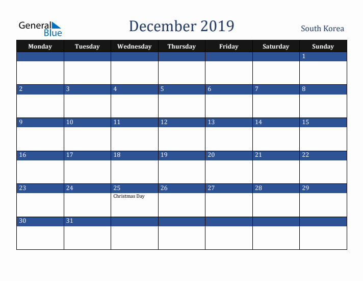 December 2019 South Korea Calendar (Monday Start)