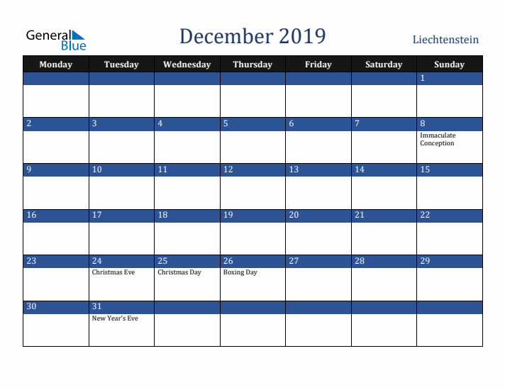 December 2019 Liechtenstein Calendar (Monday Start)