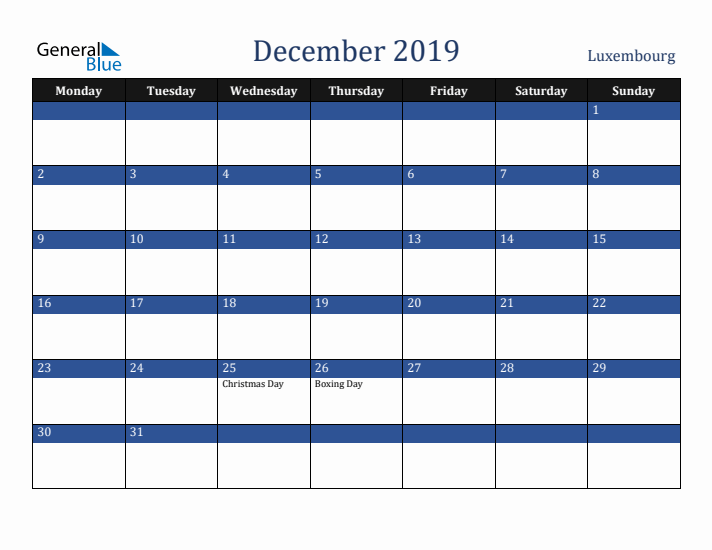 December 2019 Luxembourg Calendar (Monday Start)