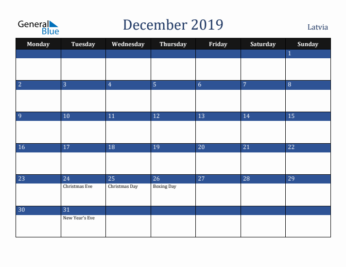 December 2019 Latvia Calendar (Monday Start)