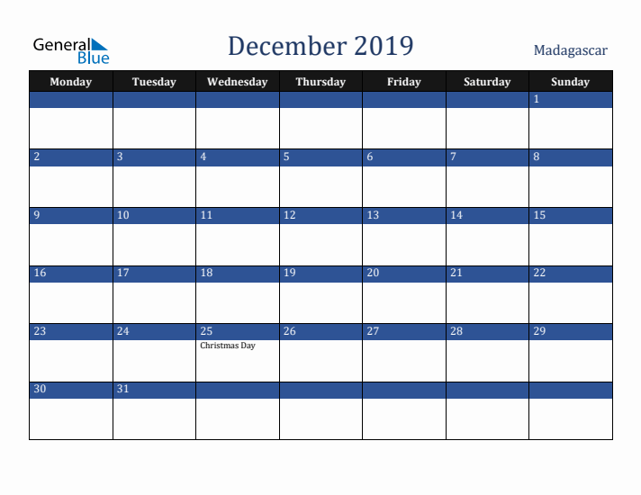 December 2019 Madagascar Calendar (Monday Start)