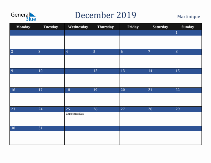 December 2019 Martinique Calendar (Monday Start)