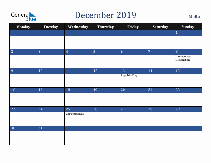 December 2019 Malta Calendar (Monday Start)
