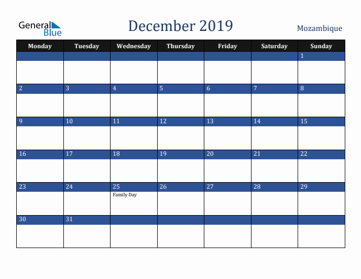 December 2019 Mozambique Calendar (Monday Start)