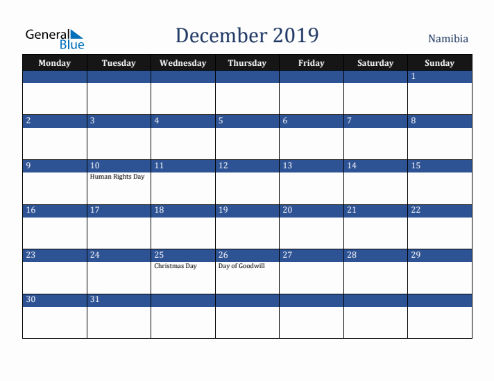 December 2019 Namibia Calendar (Monday Start)