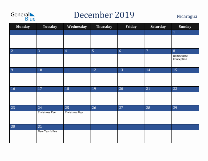 December 2019 Nicaragua Calendar (Monday Start)