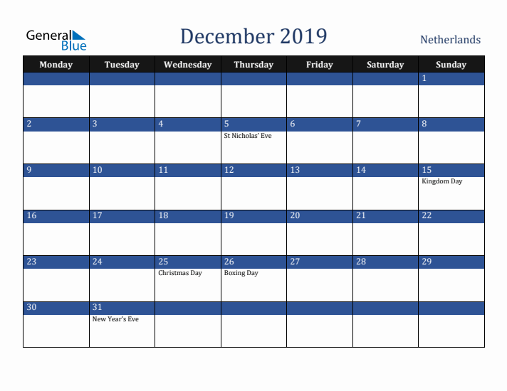 December 2019 The Netherlands Calendar (Monday Start)