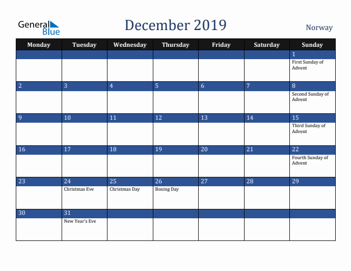 December 2019 Norway Calendar (Monday Start)