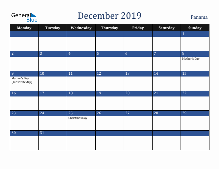 December 2019 Panama Calendar (Monday Start)