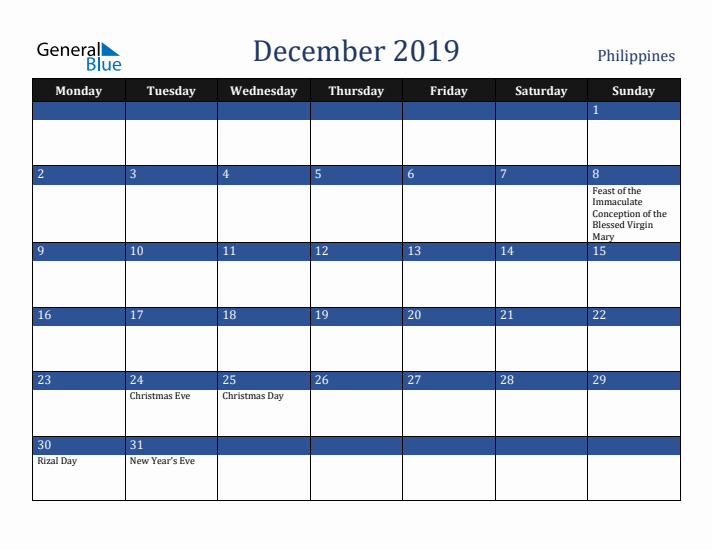 December 2019 Philippines Calendar (Monday Start)