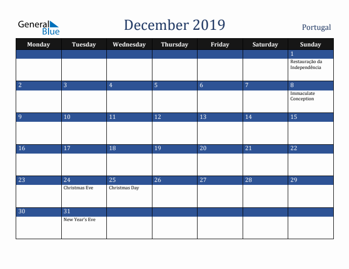 December 2019 Portugal Calendar (Monday Start)