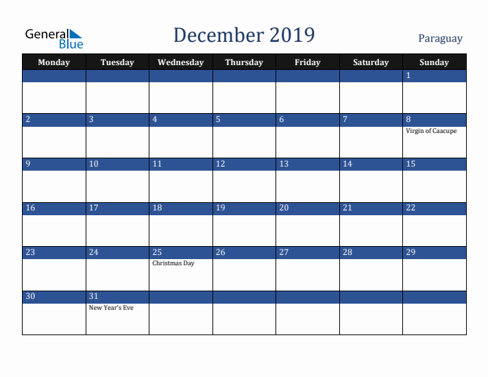 December 2019 Paraguay Calendar (Monday Start)