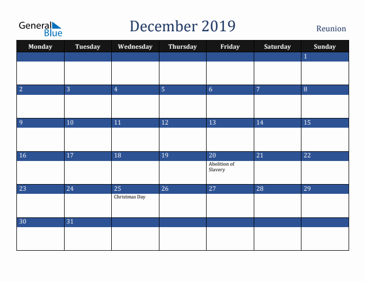 December 2019 Reunion Calendar (Monday Start)