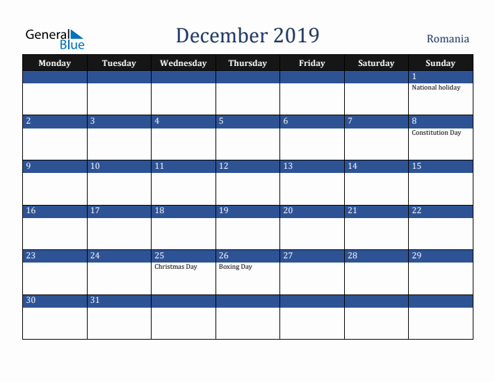 December 2019 Romania Calendar (Monday Start)
