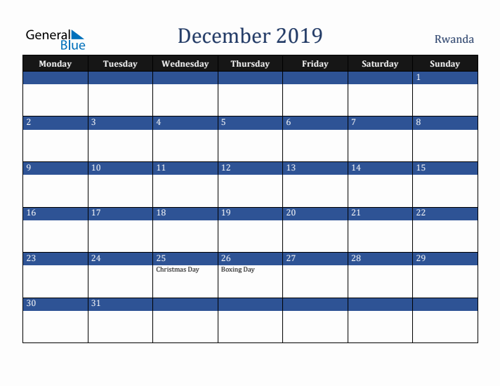 December 2019 Rwanda Calendar (Monday Start)