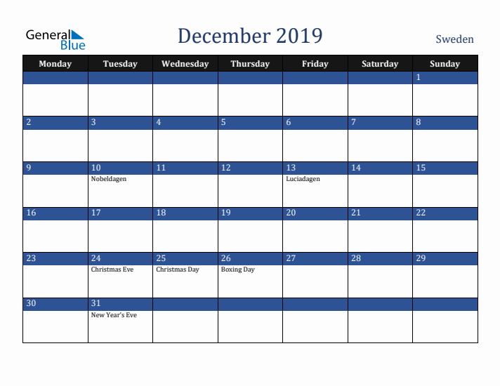 December 2019 Sweden Calendar (Monday Start)