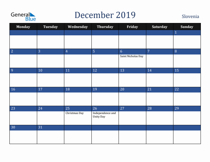 December 2019 Slovenia Calendar (Monday Start)