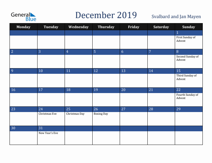 December 2019 Svalbard and Jan Mayen Calendar (Monday Start)