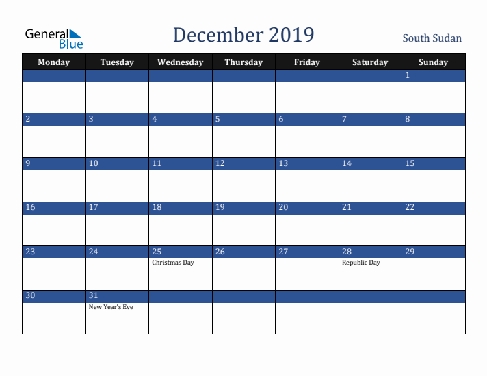 December 2019 South Sudan Calendar (Monday Start)