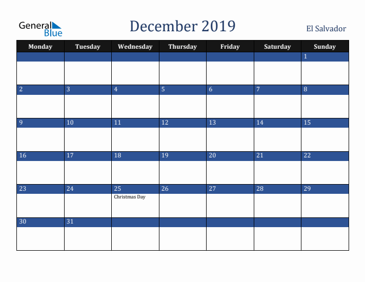 December 2019 El Salvador Calendar (Monday Start)