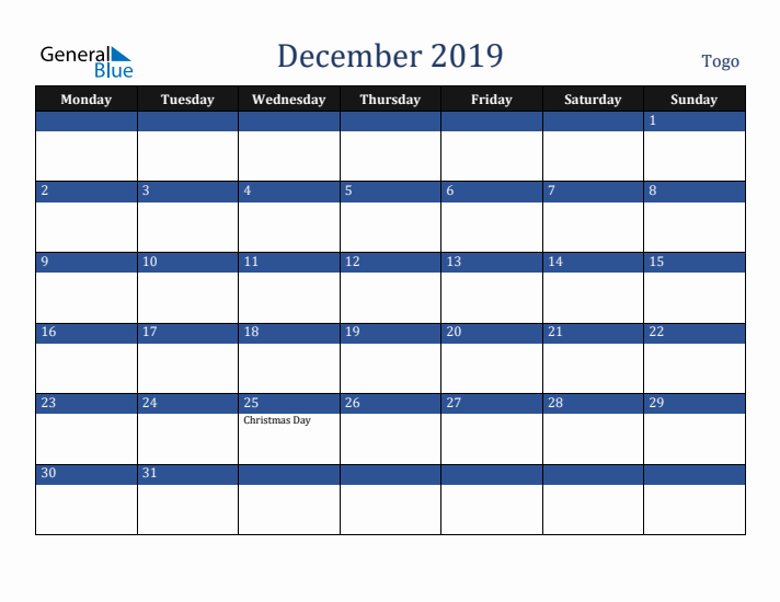 December 2019 Togo Calendar (Monday Start)
