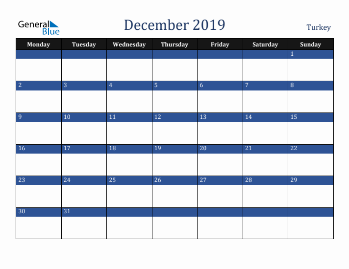 December 2019 Turkey Calendar (Monday Start)