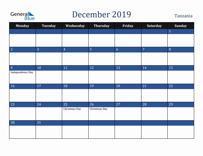 December 2019 Tanzania Calendar (Monday Start)