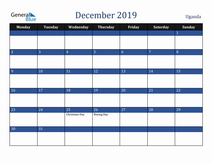 December 2019 Uganda Calendar (Monday Start)